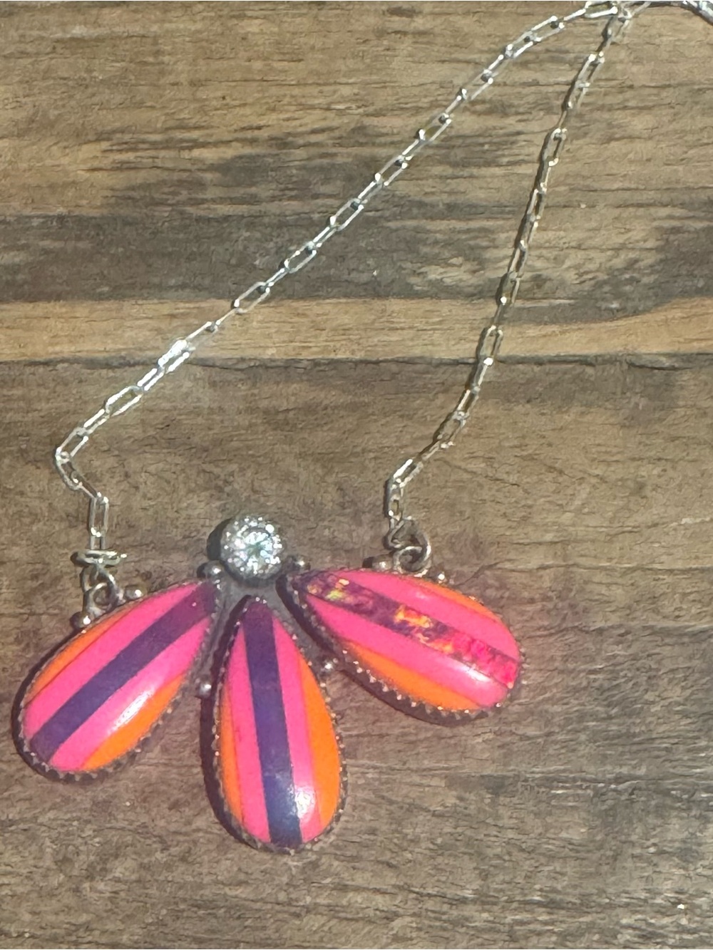Hot Pink Orange and Aurora opal inlay opal sterling silver Pendant Necklace